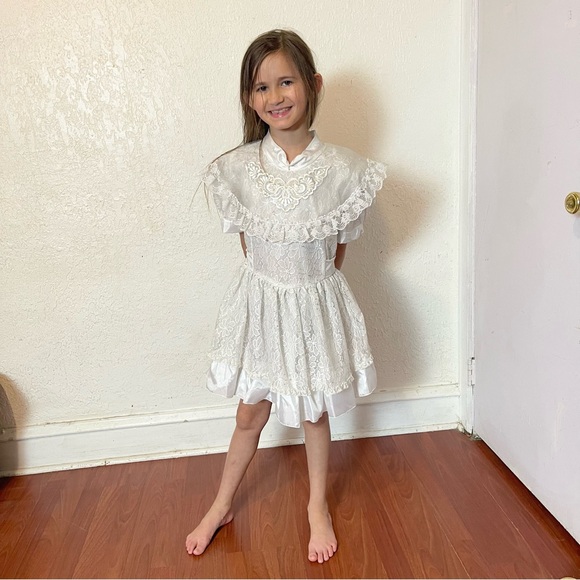 Vintage 1990s Fashionland Originals Girls 7 White Satin Lace Fancy Party Dress - Picture 6 of 6